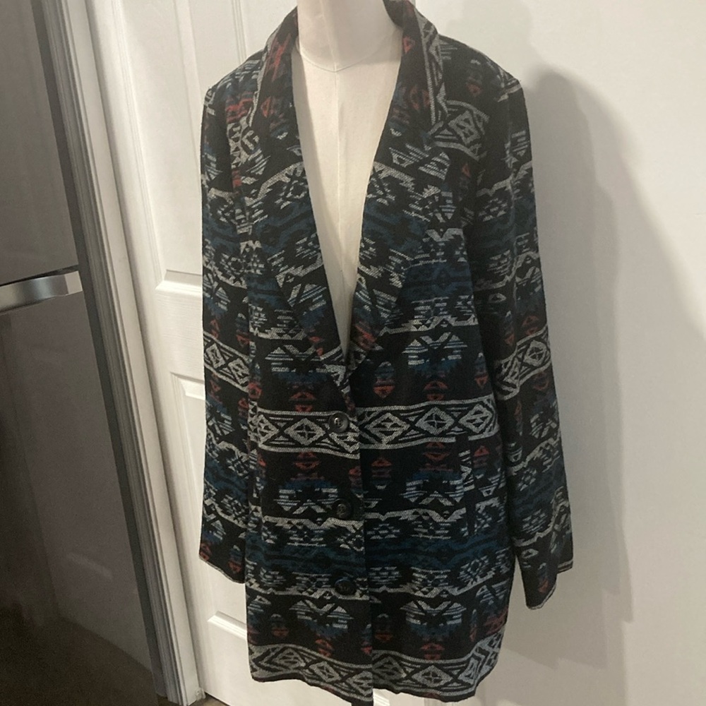 Skies Are Blue Aztec pattern long fall blazer L